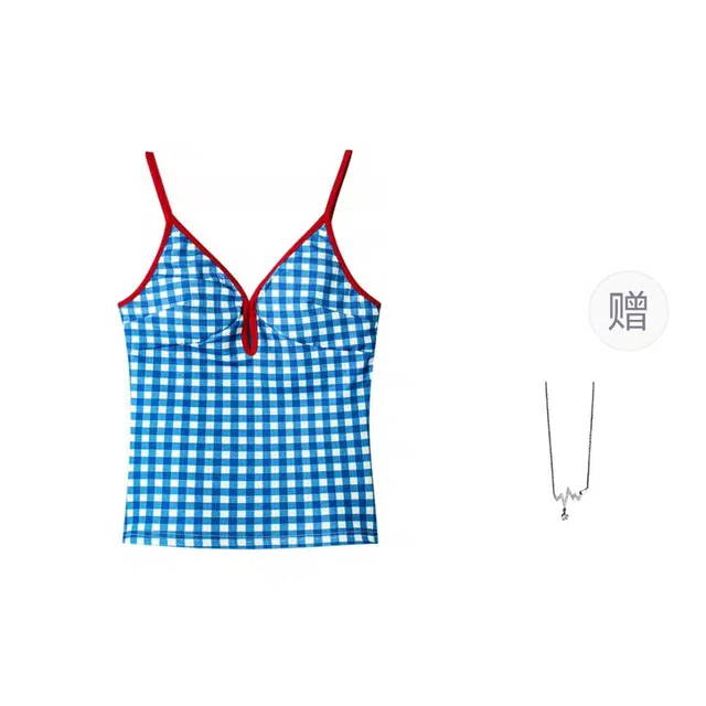 识恩 纯欲格子内搭背心女夏季带胸垫性感小上衣吊带 女款