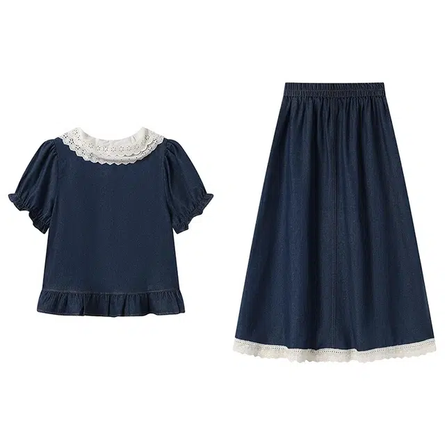 古莲菲 高级感洋气韩版时尚气质显瘦百搭蕾丝拼接牛仔上衣半身裙两件套裙装套装 女款