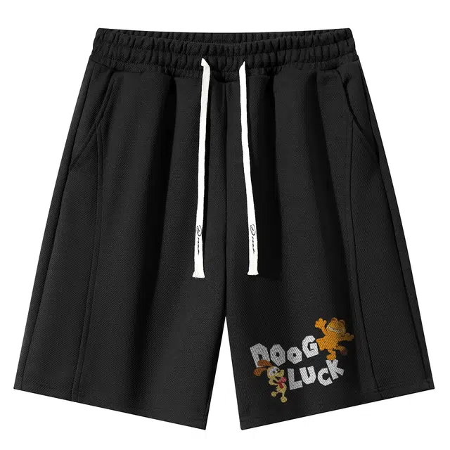 加菲猫家族 美式纯色系带慵懒加菲猫卡通动漫宽松舒适户外运动跑步健身百搭透气排汗中腰五分休闲短裤 男女同款