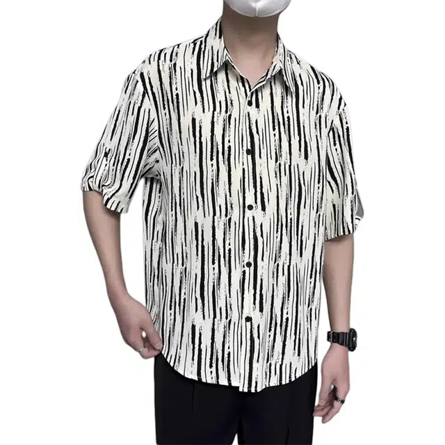 徐百货 条纹短袖夏季美式潮牌宽松高级感休闲外套上衣短袖衬衫 男女同款