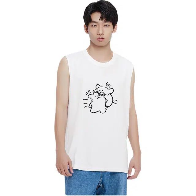 棉的美学 阳光种子系列 纯棉印花小狗无袖圆领宽松型背心 男款