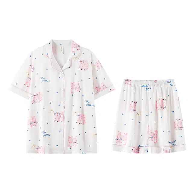 俏霓桐 薄款可爱卡通小猫甜美简约轻奢休闲舒适凉感家居服可外穿夏季睡衣套装 女款