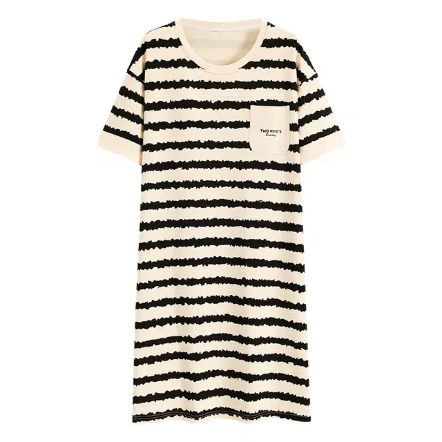 浮光岛屿 简约柔软时尚可爱高级感带胸垫短袖休闲舒适亲肤凉爽透气可外穿家居服睡裙 女款 礼盒装 黑色