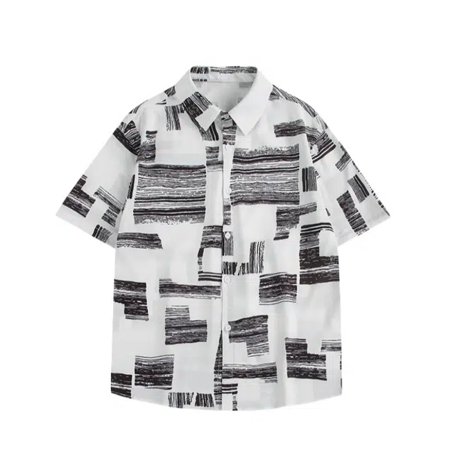 加荣 美式条纹薄款透气日系复古宽松大码休闲潮流痞帅尖领短袖衬衫 男女同款