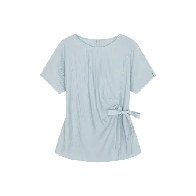 沫晗依美 纯色圆领舒适短袖衬衫 女款 浅水蓝