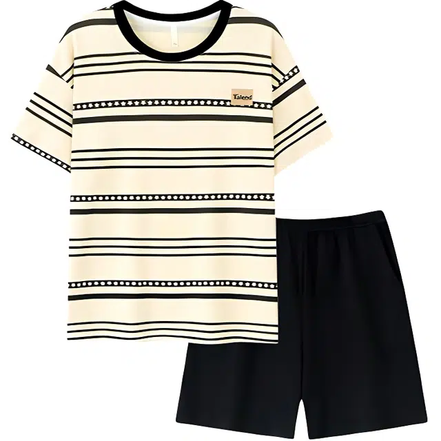 俞兆林 柔软圆领简约条纹吸汗透气短袖短裤宽松舒适情侣家居服夏季睡衣套装 男女同款