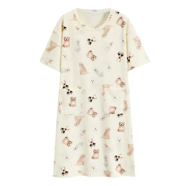 浮光岛屿 简约柔软可爱高级感带胸垫短袖休闲舒适亲肤凉爽透气可外穿家居服睡裙 女款 礼盒装 杏色