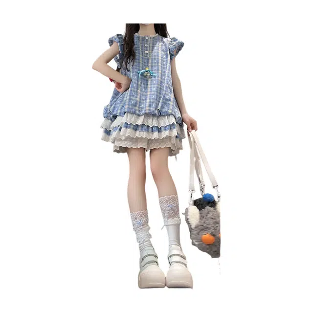 荟萃阁 可爱娃娃裙蛋糕花苞裙少女日系萌在逃公主裙蕾丝花边仙女裙短袖连衣裙 女款