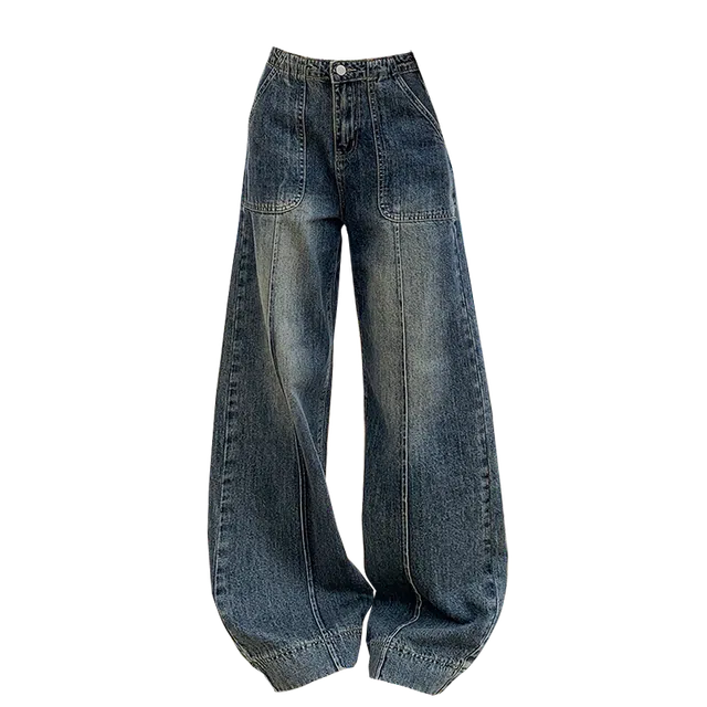 拾籍 时尚高腰设计感前贴袋宽松直筒阔腿裤女夏季百搭舒适垂感拖地牛仔裤 女款