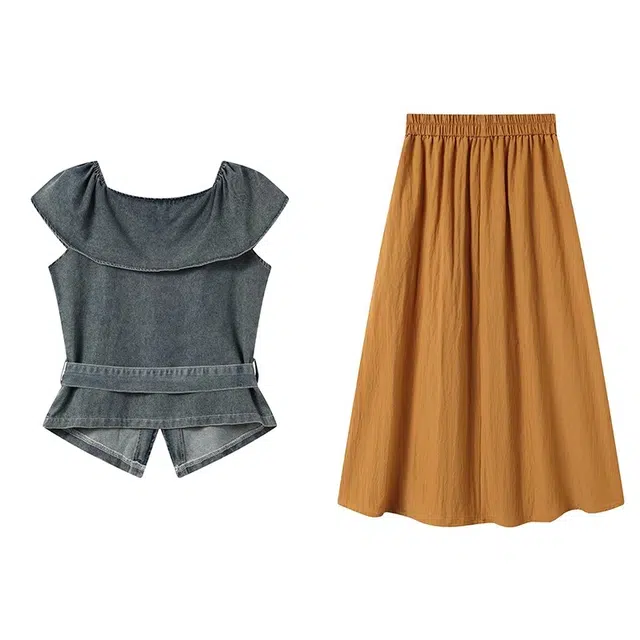 古莲菲 法式设计感小众牛仔上衣高腰半身裙两件套套裙装套装 女款