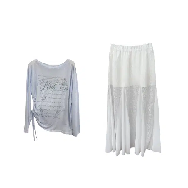 敲模女孩 韩系学院风薄款斜肩防晒长袖上衣高腰蕾丝拼接透视半身裙裙装套装 女款