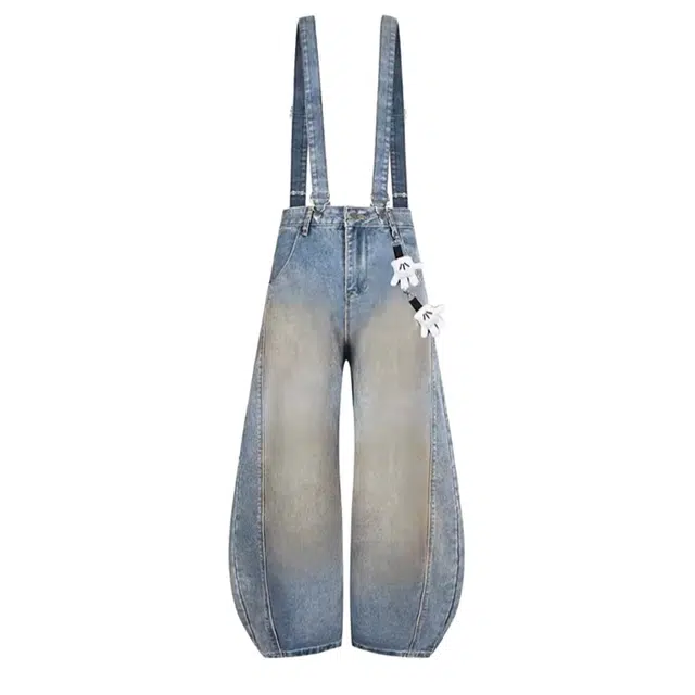 桴生 美式复古趣味宽松洗水牛仔街头连体休闲直筒弯刀裤背带裤 女款