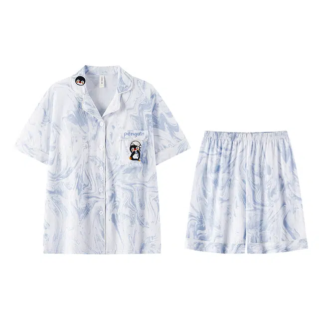 俏霓桐 薄款可爱卡通企鹅轻奢简约休闲清新舒适亲肤透气家居服可外穿夏季睡衣套装 女款