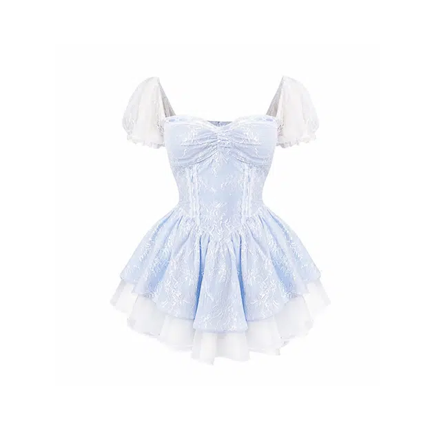 敲模女孩 甜美风蕾丝拼接泡泡袖重工收腰修身公主蓬蓬短裙短袖连衣裙 女款