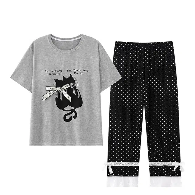 俏韵 圆领卡通黑猫短袖长裤带胸垫防凸点蕾丝边家居服可外穿睡衣套装 女款