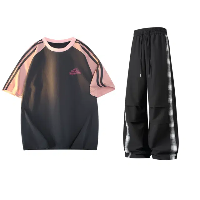 吾皇猫 学院风美式复古基础款舒适透气简约百搭印花潮流宽松直筒短袖长裤两件装时尚条纹休闲运动套装 男女同款