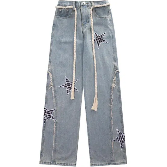 零氏 美式潮牌高街水洗做旧舒适百搭宽松垂感拖地直筒系带牛仔裤 男女同款