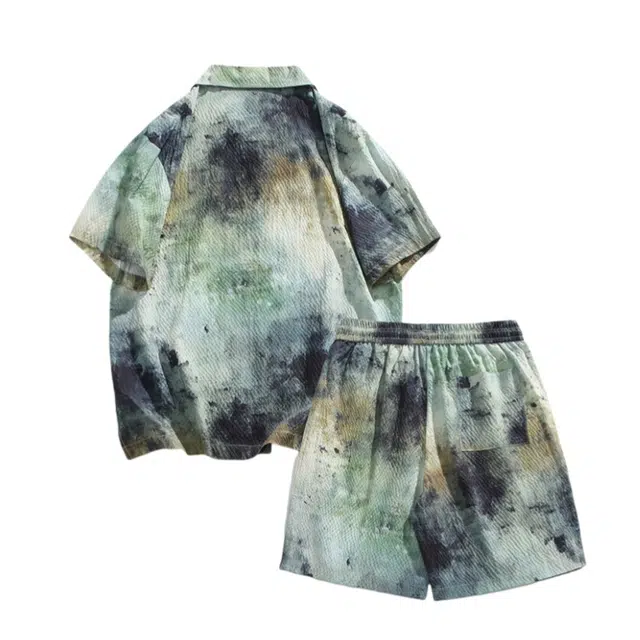 加荣 美式复古渐变短袖透气泡泡短裤度假搭配衬衫套装 男女同款