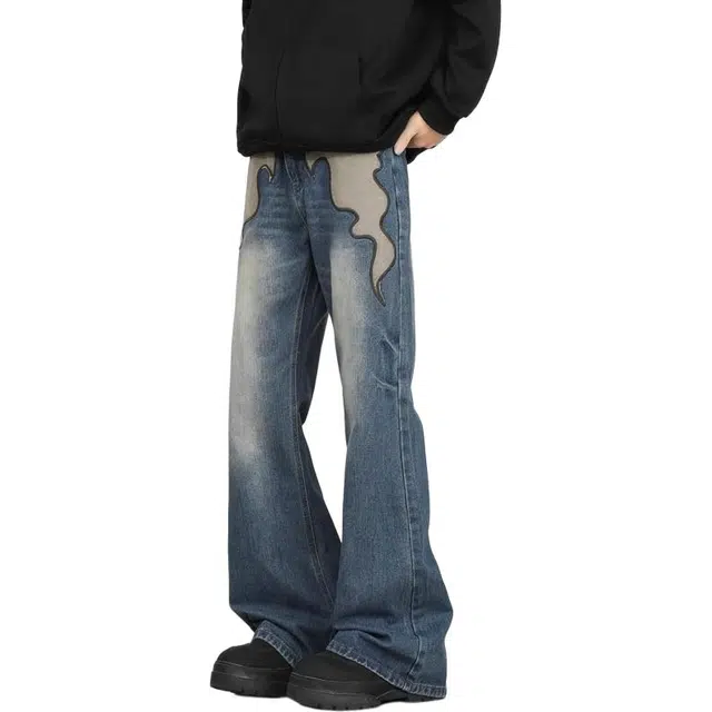 极限涡轮 美式高街火焰刺绣设计感宽松炸街复古长裤牛仔裤 男女同款