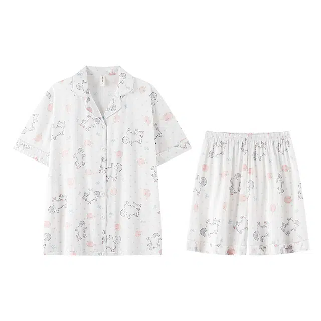 俏霓桐 薄款甜美简约休闲可爱卡通小猫轻奢舒适凉感家居服可外穿夏季睡衣套装 女款