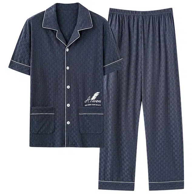 棉基因 宽松大码开襟短袖家居服薄款清凉透气夏季睡衣套装 男款