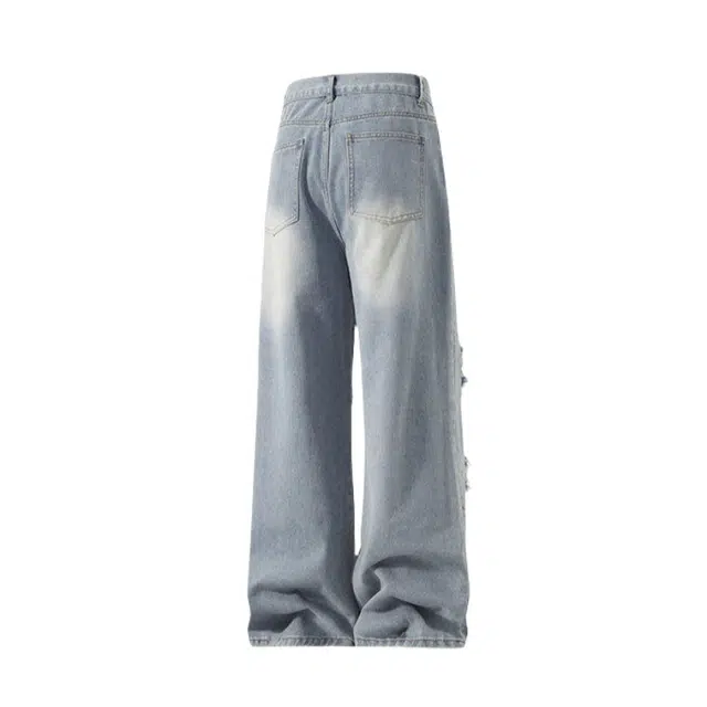 加荣 美式高街复古透气小众水洗破洞做旧水洗宽松休闲潮流阔腿裤牛仔裤 男女同款
