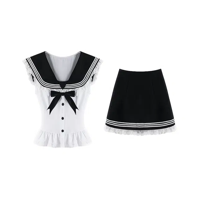 敲模女孩 学院风蝴蝶结海军领花边收腰修身无袖衬衫高腰性感辣妹撞色包臀短裙裙装套装 女款
