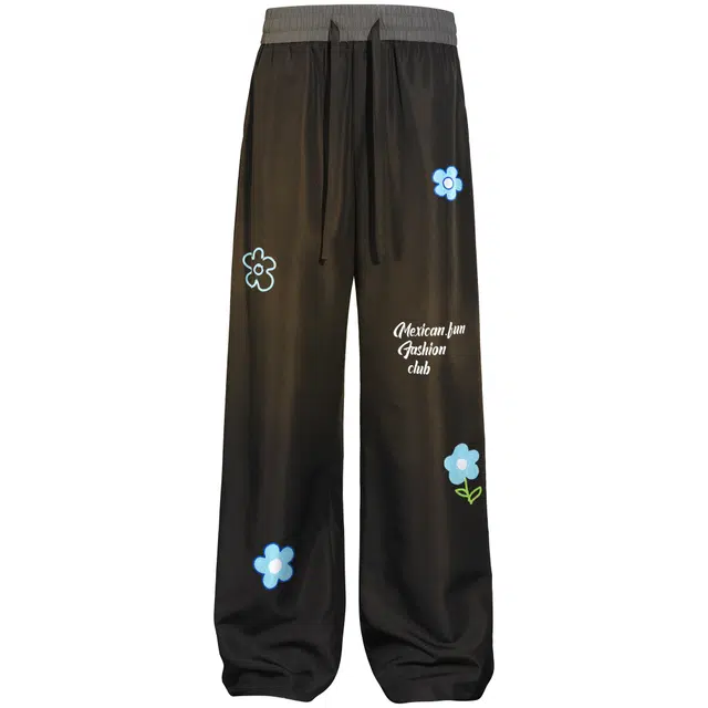 稻草人 美式高街复古卡通植物花卉字母印花直筒时尚百搭宽松舒适中腰垂感系带休闲裤 男女同款