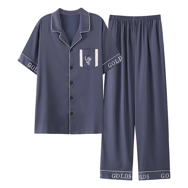 莫代尔 韩版简洁舒适柔软亲肤细腻翻领开衫宽松大方个性气质时尚百搭短袖长裤可外穿家居服睡衣套装 男款