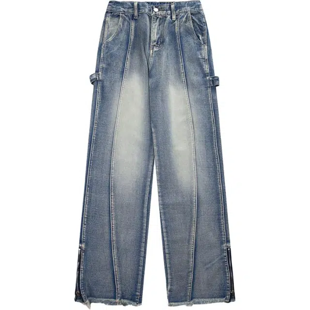 零氏 美式复古高街做旧垂感直筒磨边宽松牛仔裤 男女同款