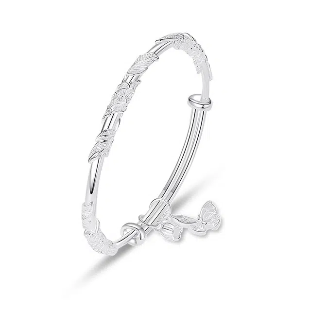 【可定制刻字】 银千惠 繁华似锦锦绣时光醉花吟新中式国潮花丝缠绕古法立体浮雕蝴蝶铃兰花推拉可调节古风 合金 手镯 女款 礼盒装