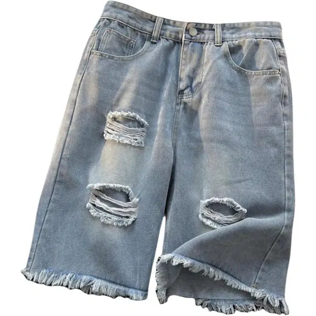 零氏 美式潮牌复古水洗做旧不规则破洞毛边宽松个性中腰舒适百搭通勤休闲阔腿裤五分裤牛仔短裤 男女同款