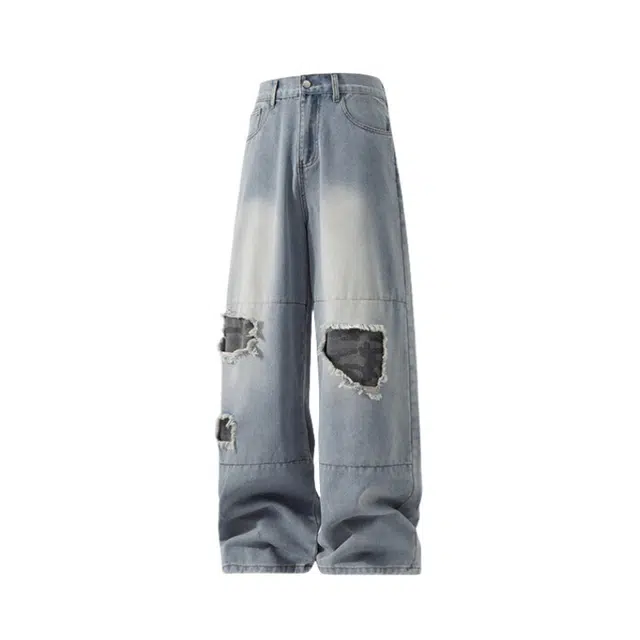 加荣 美式高街复古透气小众水洗破洞做旧水洗宽松休闲潮流阔腿裤牛仔裤 男女同款