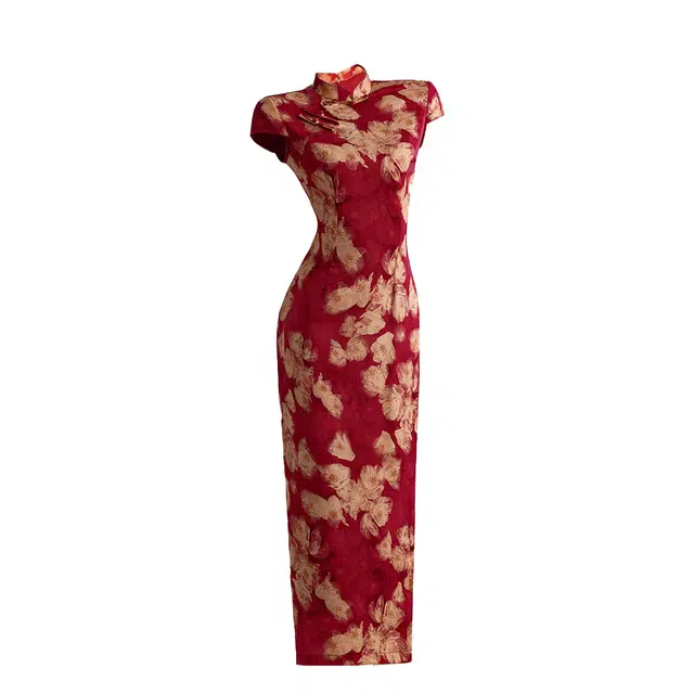 敲模女孩 新中式国风改良旗袍气质复古印花收腰修身性感包臀礼服裙短袖连衣裙 女款