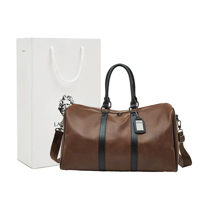 老人头 时尚简约经典潮流多功能出差旅游健身轻便耐用手提包 合成革 旅行包 男款 咖啡色