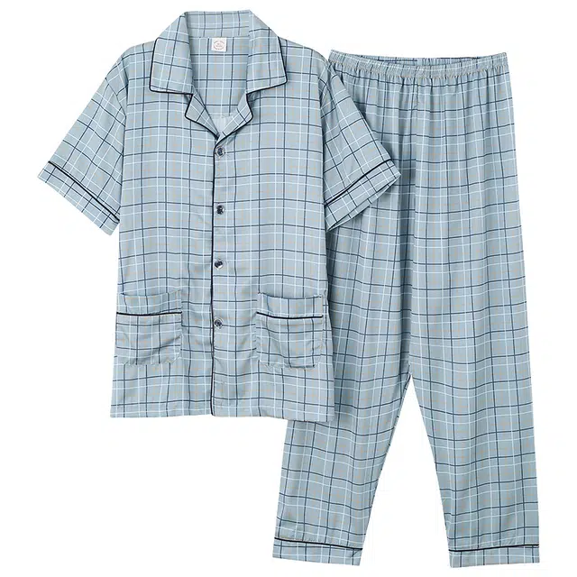 莫代尔 简洁休闲个性时尚百搭翻领开衫舒适轻柔亲肤细腻轻盈透气宽松短袖长裤可外穿家居服睡衣套装 男款