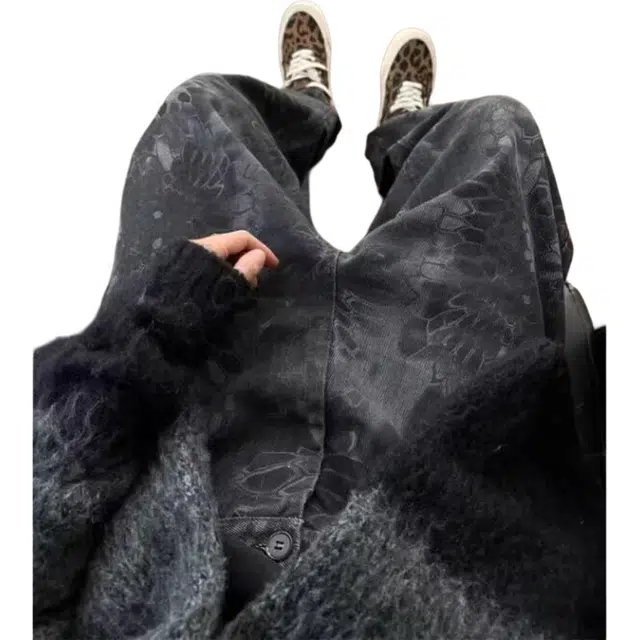 徐百货 美式高街复古迷彩蛇纹夏季痞帅直筒显瘦修身微喇潮牌牛仔裤 男女同款