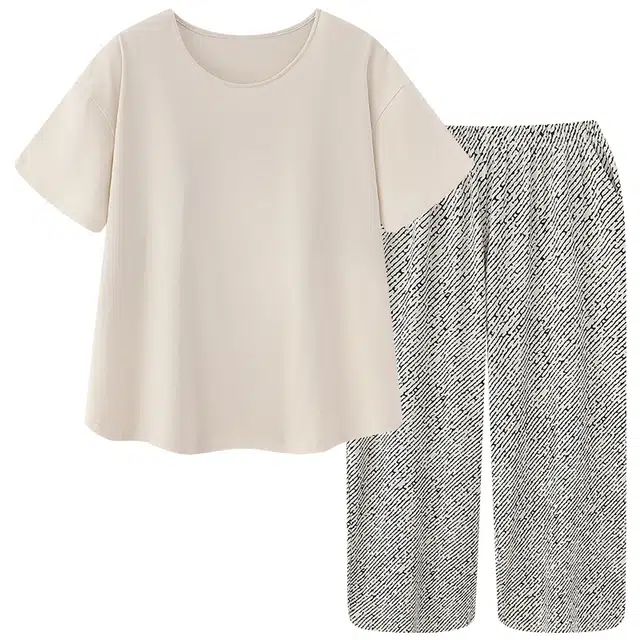 顶瓜瓜 短袖长裤圆领套头纯色条纹休闲透气舒适家居服睡衣套装 女款
