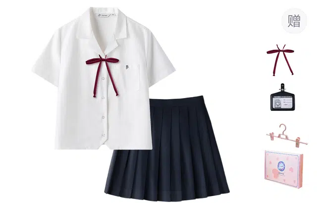 东鲸岁时记 独特漂亮初春慵懒风宽松上衣衬衫纯色百褶半身裙制服 女款 礼盒装 西装领短袖衬衫+藏青色百褶裙 （可调节腰围）买赠送领绳