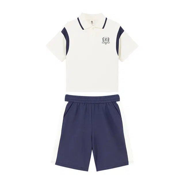 左西休闲运动套装 简约透气套头短袖学院风 米白 中小童