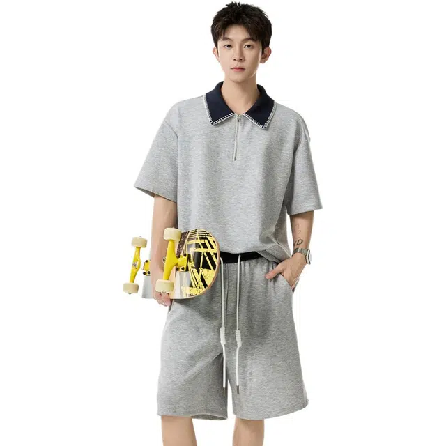 行更远 撞色翻领半拉链短袖宽松百搭短裤潮牌小众高级感痞帅透气舒适户外休闲运动套装 男女同款