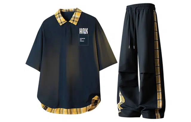 王者荣耀 梦奇款 美式格子撞色翻领拼接上衣褶皱伞兵伐木长裤两件套宽松时尚百搭短袖青少年高街痞帅潮流舒适休闲运动套装 男女同款