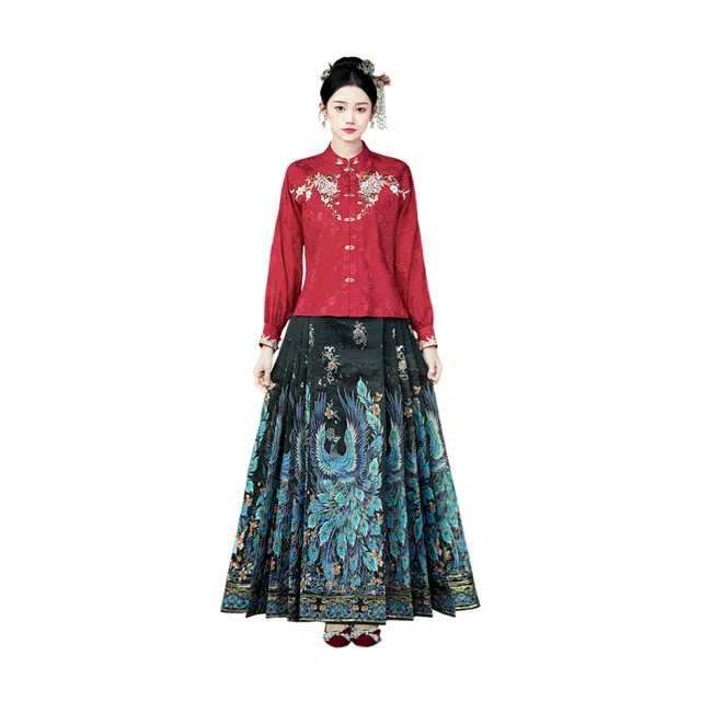 荟萃阁 新中式国风立领提花刺绣盘扣上衣一片式超大摆潮流马面裙裙装套装 女款