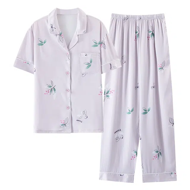 莫代尔 慵懒舒适柔软细腻翻领开衫韩版轻盈透气短袖长裤不易起球家居服可外穿睡衣套装 女款