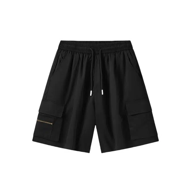 加荣 薄款透气美式复古潮牌纯色百搭宽松青少年运动直筒休闲多口袋五分工装短裤 男女同款