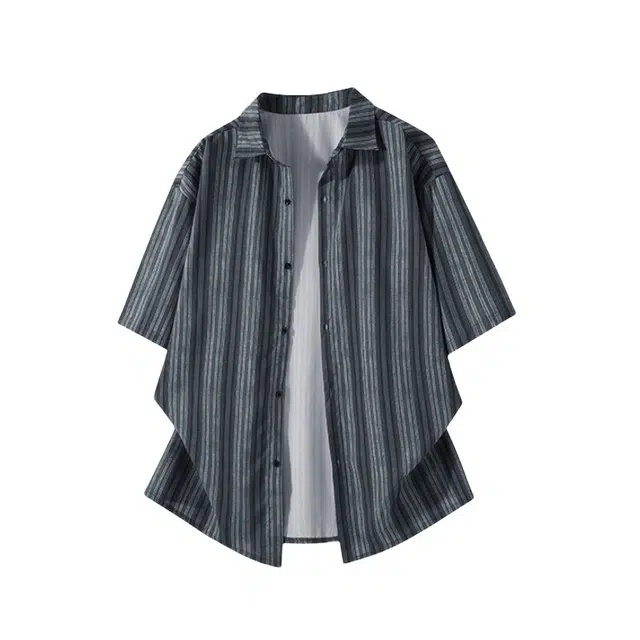 加荣 薄款透气复古条纹短袖衬衫 男女同款
