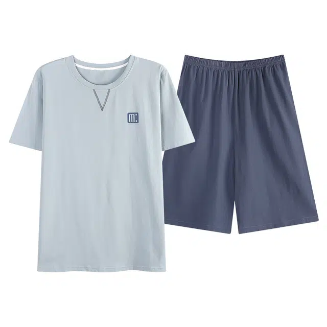 棉购 短袖圆领套头休闲家居服可外穿睡衣套装 男款