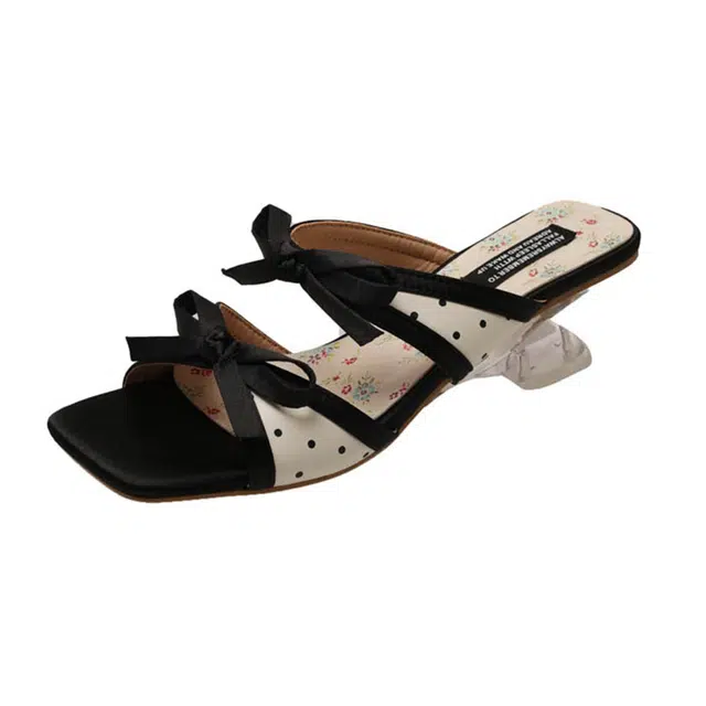 小鹿米利 法式波点蝴蝶结粗跟凉拖鞋女夏外穿百搭气质一字带 细跟 高跟鞋 女