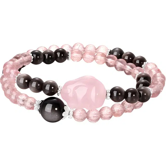 【粉晶黑曜温柔】 金六福吉祥 新中式甜酷原宿风双圈叠戴高级感 转运串珠运势改变可盐可甜气质百搭显白#好运天然 粉水晶 手串 女款