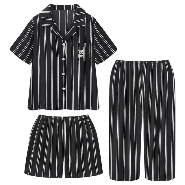 顶瓜瓜 冰丝短袖短裤翻领开衫可爱条纹凉感休闲家居服睡衣套装 女款